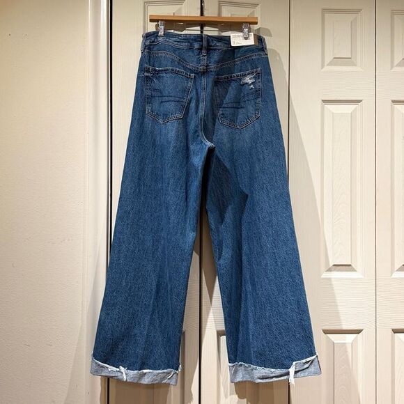 LIKE NEW AE Super High Waisted Baggy Wide Leg Cuffed Jeans Dark Distressed 16 - Picture 5 of 12